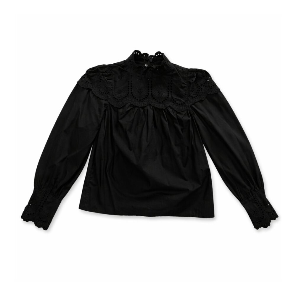 GAP Black Eyelet Lace Blouse High Neck Romantic Dark Academia Top Size XS